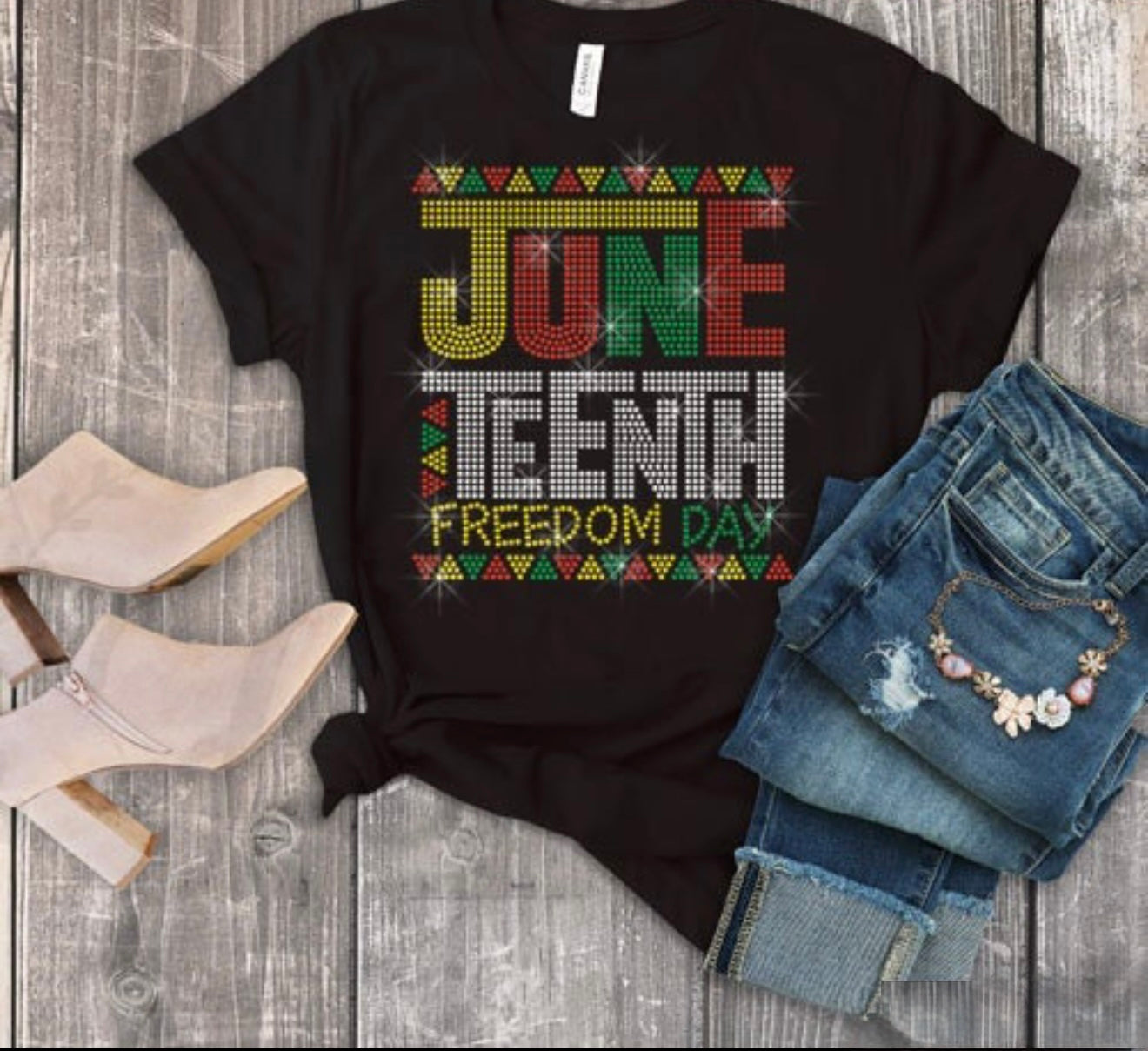 JUNETEENTH SHORT SLEEVE RHINESTONE T-SHIRT