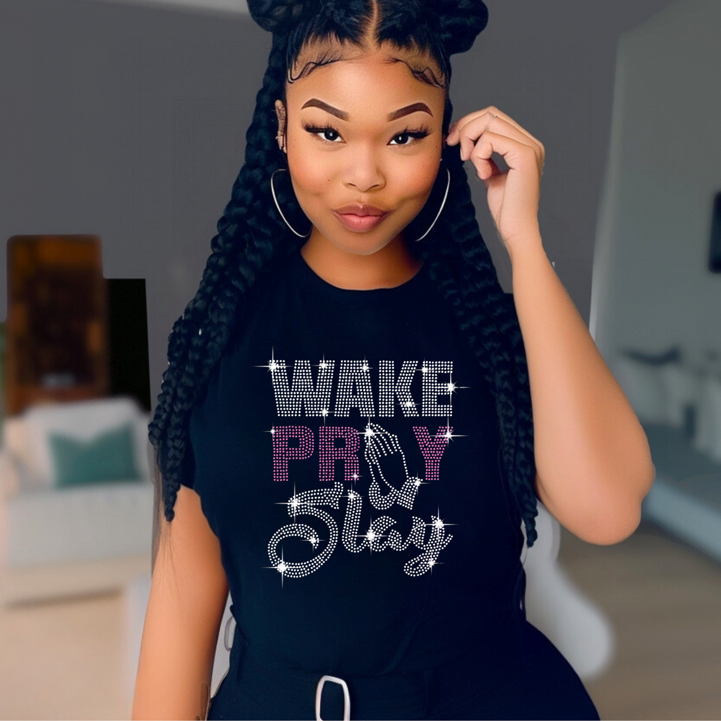 WAKE PRAY SLAY SHORT SLEEVE RHINESTONE T-SHIRT