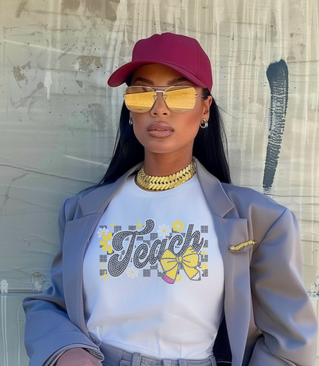 TEACH PENCIL BOW SHORT SLEEVE RHINESTONE T-SHIRT