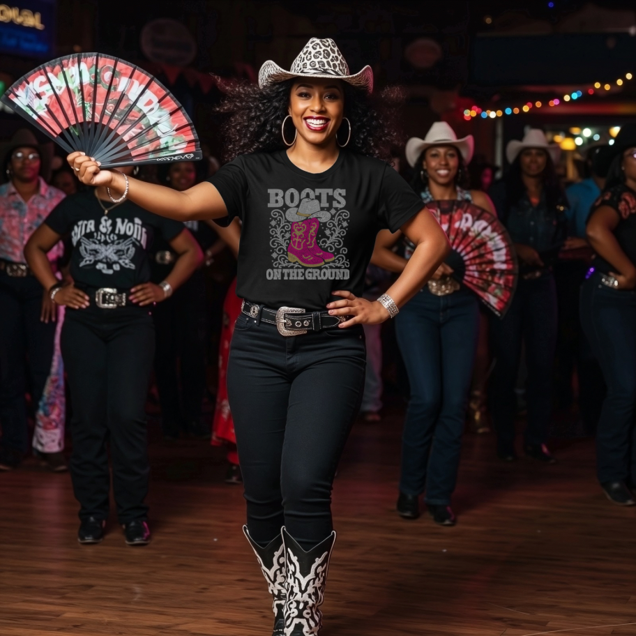 BOOTS ON THE GROUND RHINESTONE T SHIRT